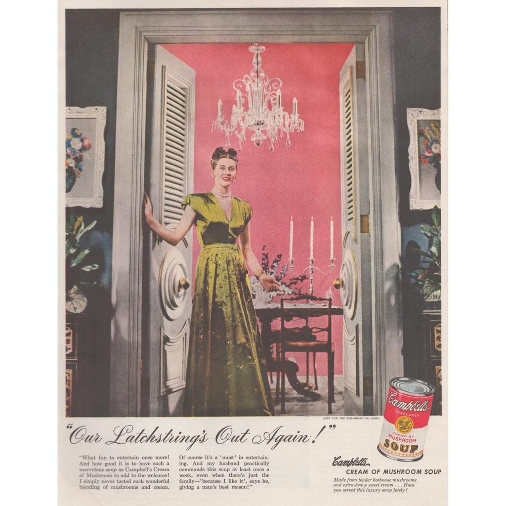 Vintage 1947 Campbell's Print Ad Cream Mushroom Soup Glamorous Hostess Decor - Picture 2 of 4